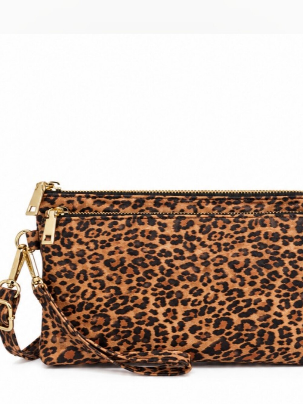Triple Zip Women's Crossbody Leopard Print Wristlet Clutch - Adjustable Purse
